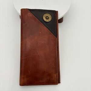 Vtg Remington Mens Brown Leather Long Bifold Wallet 12 GA Shotgun Shell Western
